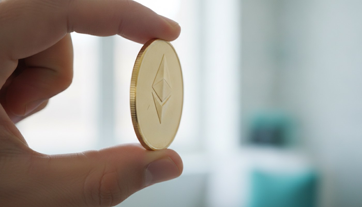 A hand tilting an Ethereum coin to the light to inspect it