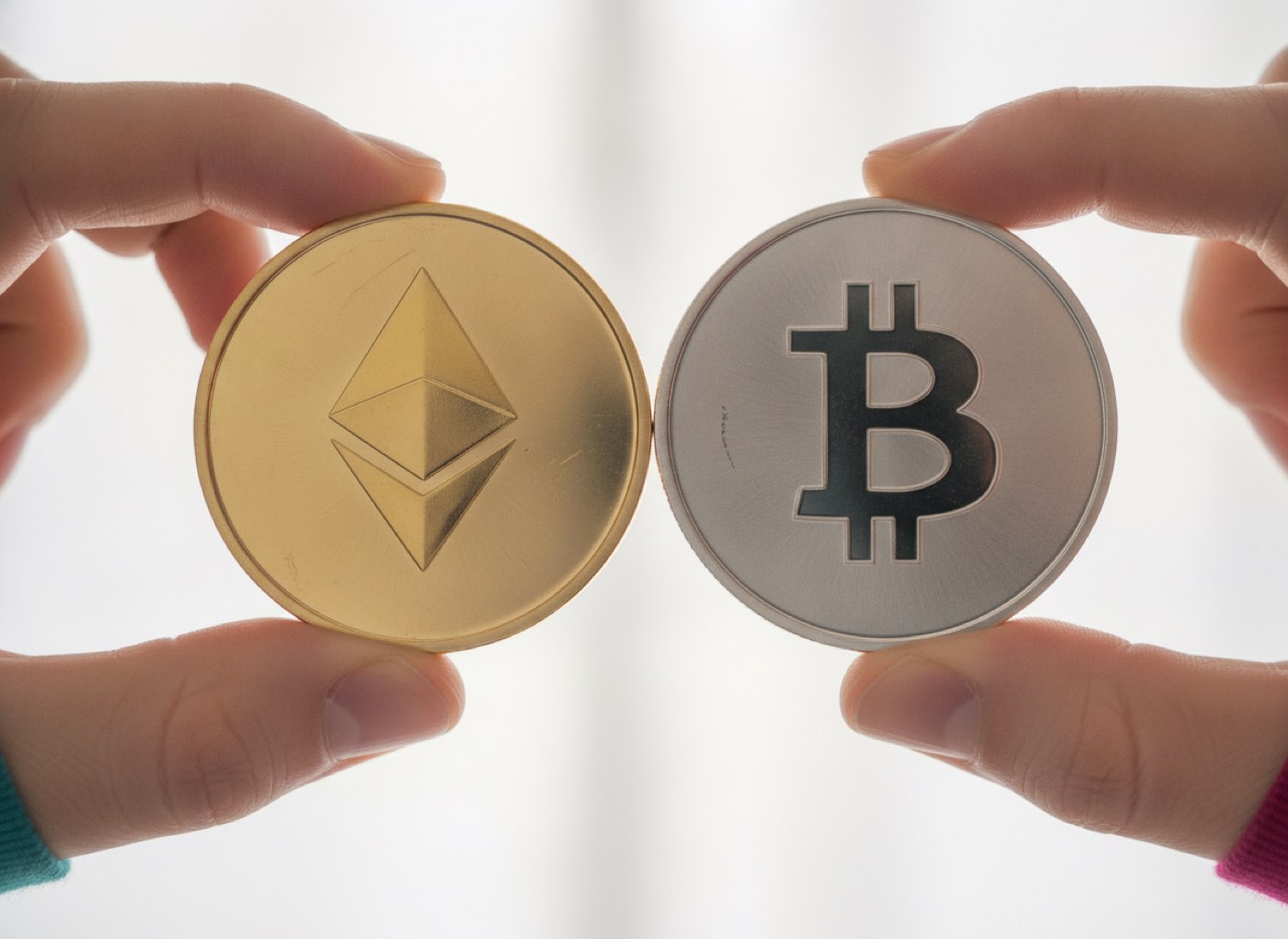 Two hands holding up an Ethereum coin and a Bitcoin coin side by side