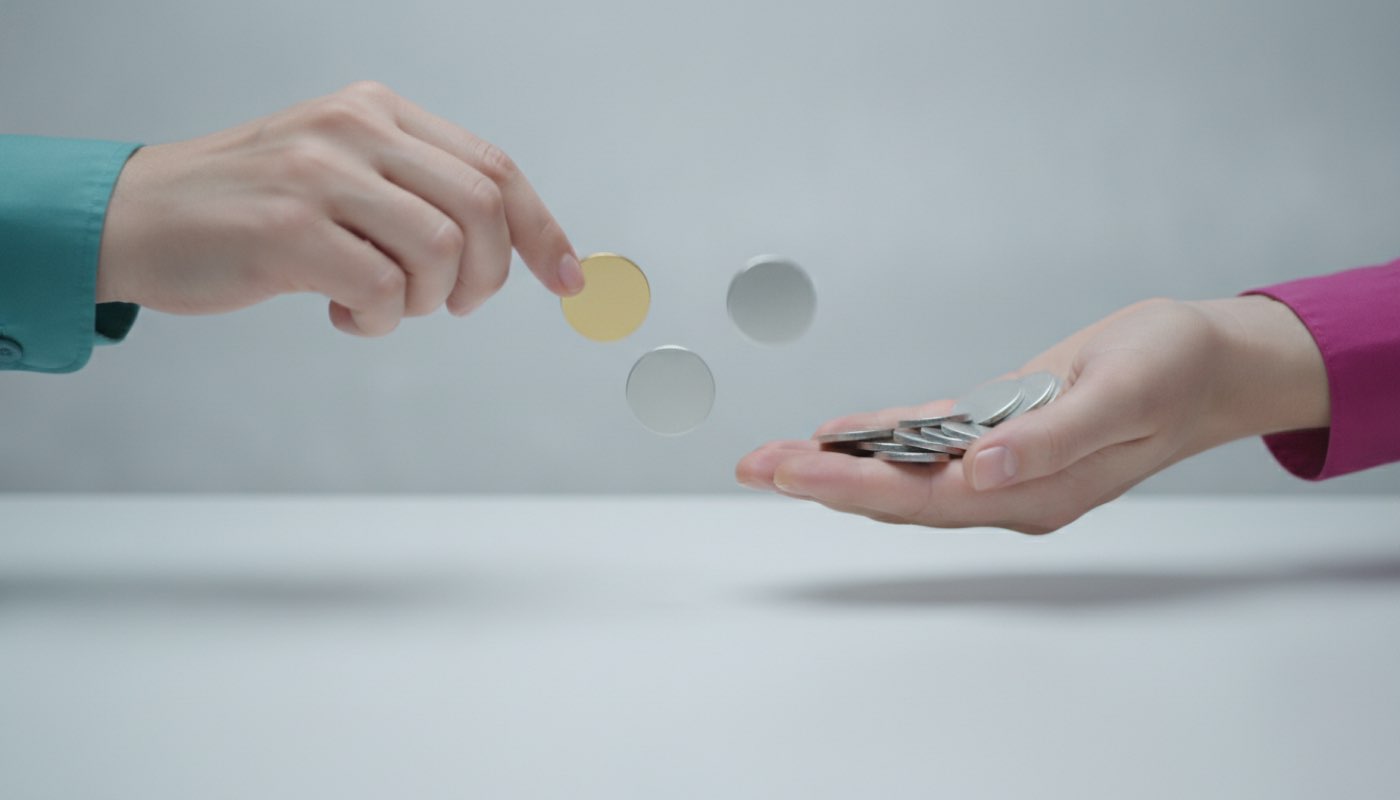 Two palms trading gold coins for silver ones