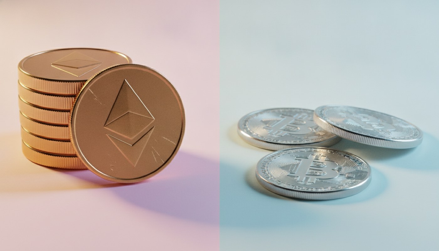 A neat stack of Ethereum coins beside scattered Bitcoin coins, a locked rate against a floating one